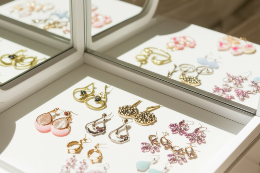 Bí quyết chọn bông tai kim cương cho nàng da ngăm với bông tai cho da ngăm 3 Hình ảnh bàn trang điểm với gương và nhiều đôi bông tai khác nhau được bày xung quanh.