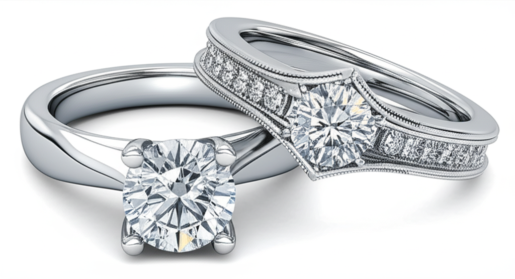 Ảnh cận cảnh hai chiếc nhẫn kim cương với các chi tiết thiết kế khác nhau, một chiếc có họa tiết hình học và một chiếc có chạm khắc tinh xảo.