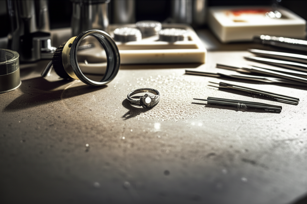 Kim cương nam trong phong cách thời trang công sở với trang sức công sở nam 5 Hình ảnh cận cảnh một bàn làm việc của thợ kim hoàn trong ánh sáng tự nhiên rực rỡ, với các công cụ chuyên dụng và một chiếc nhẫn kim cương nam đang trong quá trình chế tác tỉ mỉ. Các hạt bụi kim cương lấp lánh trên bề mặt, gợi ý về hoạt động chế tác vừa diễn ra.