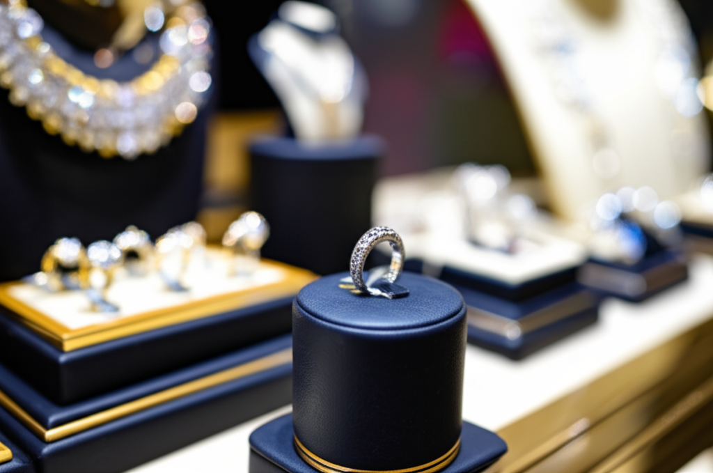 So sánh kim cương trắng và đen cho nam với kim cương trắng đen 6 Ảnh cận cảnh chiếc nhẫn kim cương trắng đen trên kệ trưng bày trong cửa hàng trang sức cao cấp.