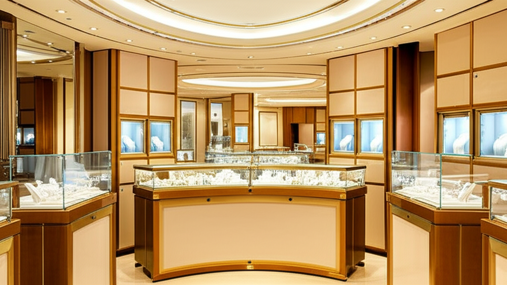 Ảnh chụp showroom trang sức sang trọng, tập trung vào các mẫu bông tai kim cương được trưng bày trong tủ kính, ánh sáng vàng ấm áp tạo cảm giác quý phái.