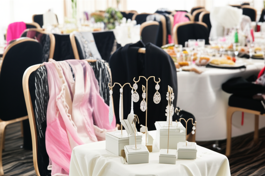 Hình ảnh khung cảnh một buổi tiệc trang sức kim cương với trang trí lộng lẫy, ánh sáng tốt và nhiều trang sức đẹp mắt được trưng bày.