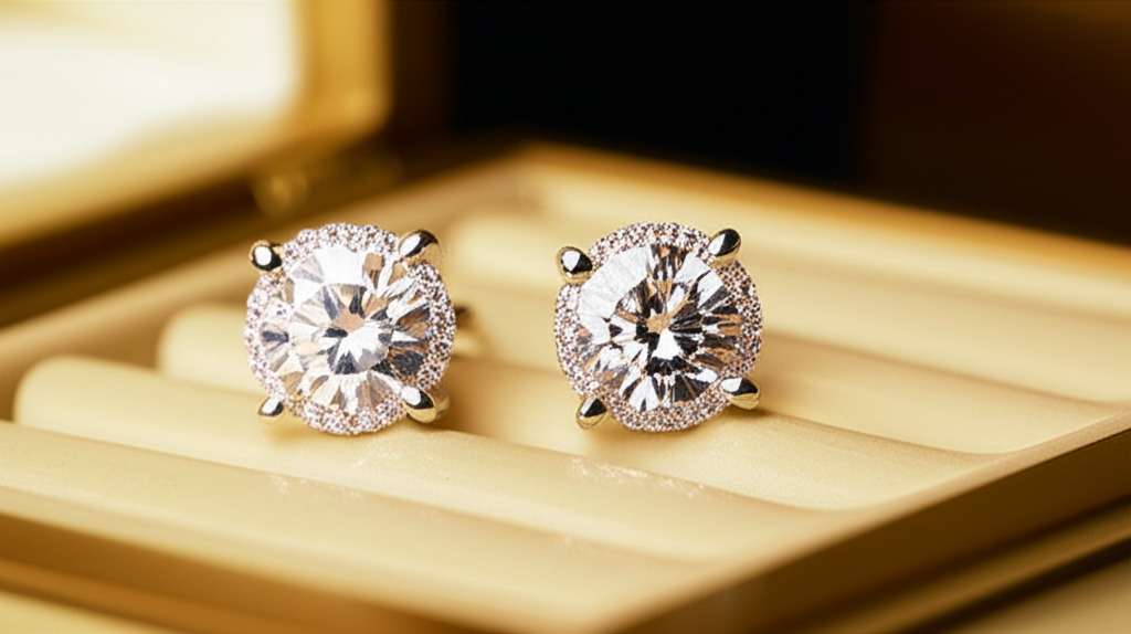 Lưu ý khi chọn bông tai kim cương online với mua bông tai online 9 Ảnh chụp cận cảnh bông tai kim cương lấp lánh trên kệ trưng bày trang sức sang trọng, ánh sáng vàng ấm áp.