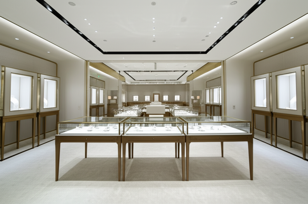 Ảnh chụp showroom trang sức kim cương với tủ trưng bày bông tai và khu vực tư vấn.