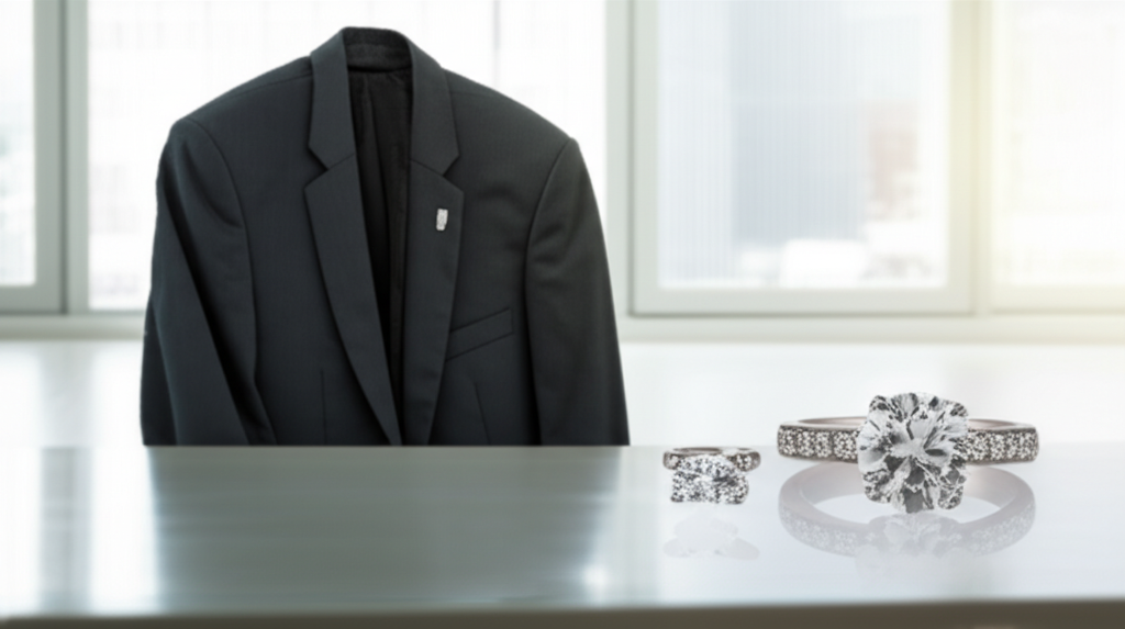 Áo vest, nhẫn kim cương và cài áo trong văn phòng hiện đại.