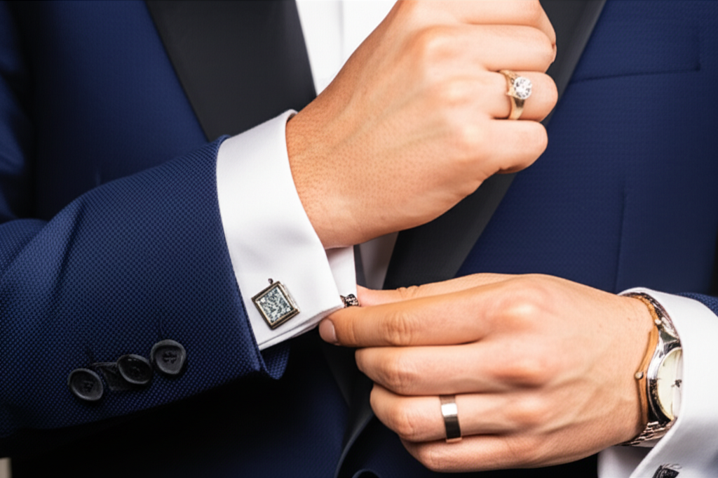 Kim cương nam trong phong cách thời trang công sở với trang sức công sở nam 3 Cận cảnh tay áo vest xanh navy, tay cài khuy măng sét kim cương, đồng hồ sang trọng và nhẫn kim cương nam. Ánh sáng tập trung làm nổi bật các chi tiết trang sức.