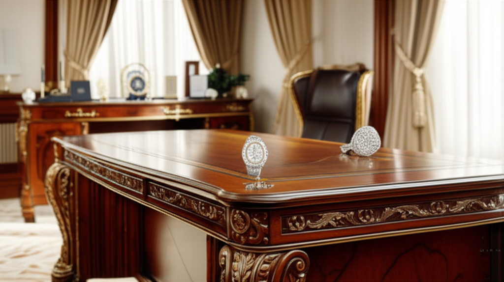 Kim cương nam trong phong cách thời trang công sở với trang sức công sở nam 6 Hình ảnh cận cảnh một chiếc đồng hồ kim cương lấp lánh và một chiếc nhẫn kim cương lớn đặt trên mặt bàn gỗ bóng loáng trong một văn phòng điều hành sang trọng, tràn ngập ánh sáng tự nhiên, gợi lên sự giàu có và quyền lực.