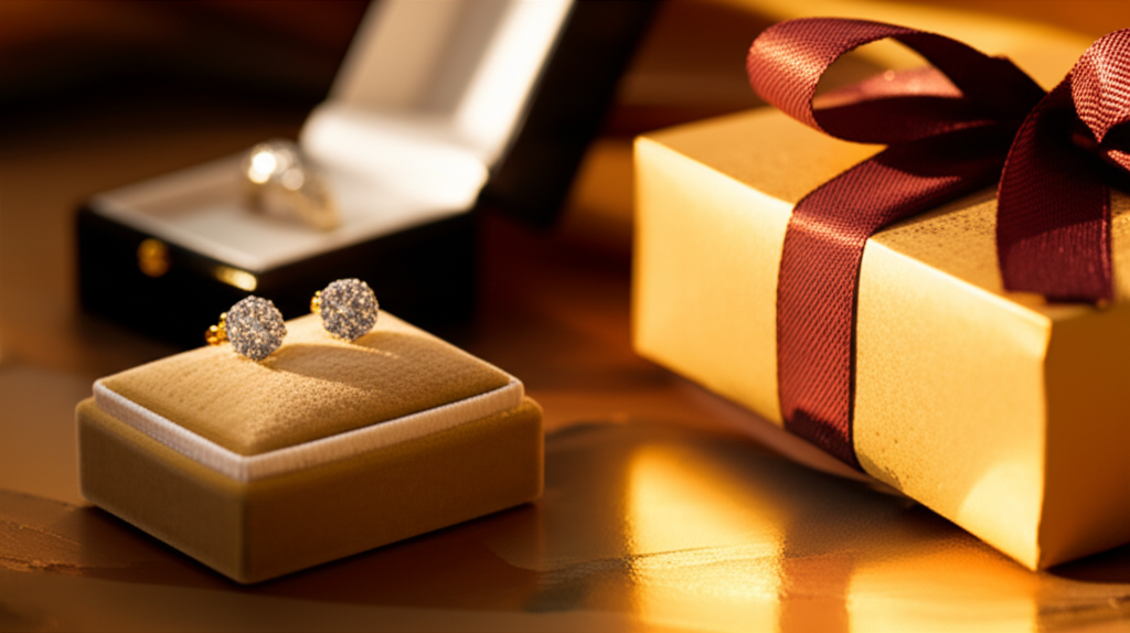 Tư duy đầu tư khi chọn mua bông tai kim cương với đầu tư bông tai kim cương 7 Ảnh chụp cận cảnh bông tai kim cương và hộp quà trong không gian ấm cúng, gợi ý về một buổi trao tặng quà gần đây.