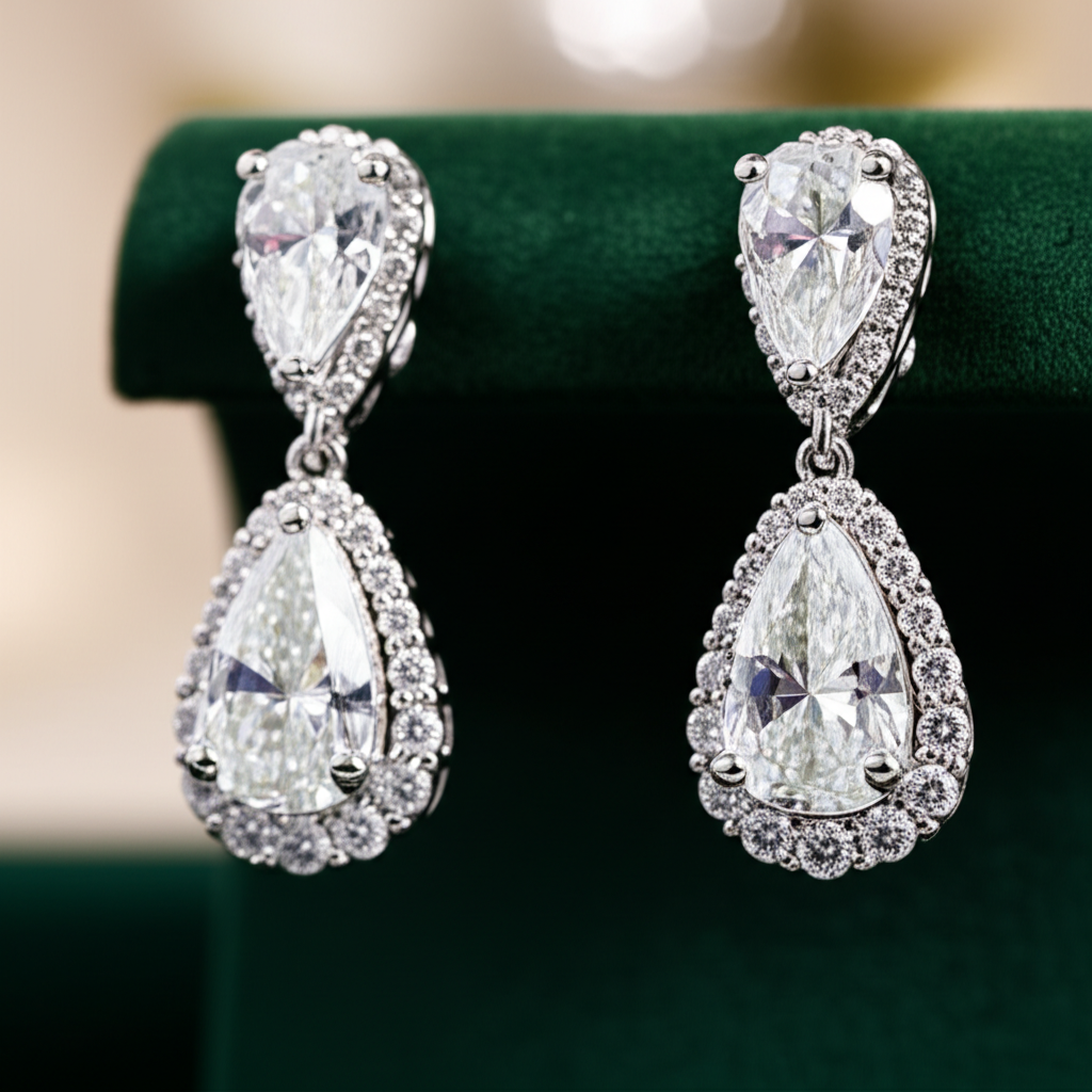 Ảnh cận cảnh bông tai kim cương trong studio.