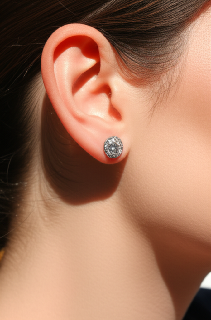 Ảnh cận cảnh đôi bông tai kim cương.