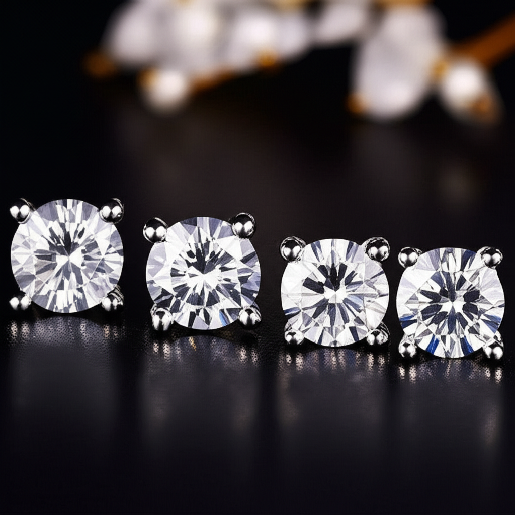So sánh bông tai kim cương và đá moissanite với bông tai moissanite 2 Ảnh cận cảnh đôi bông tai kim cương và moissanite, thể hiện độ lấp lánh và màu sắc.