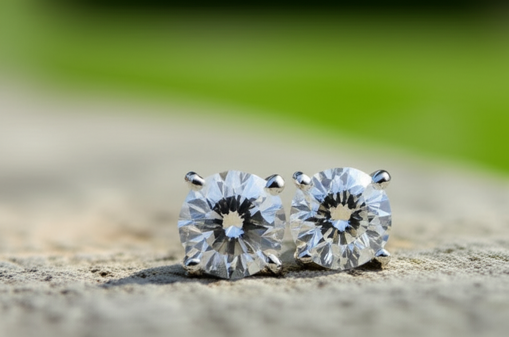 Bí quyết chọn bông tai kim cương cho nàng da ngăm với bông tai cho da ngăm 2 Ảnh chụp cận cảnh đôi bông tai kim cương lấp lánh đặt trên bề mặt có vân trong môi trường tự nhiên, ánh sáng tốt.