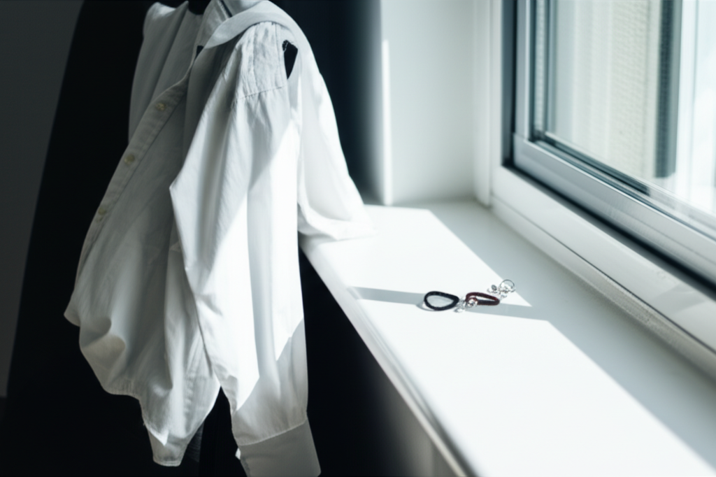 Áo sơ mi trắng, bông tai và ánh nắng bên cửa sổ.