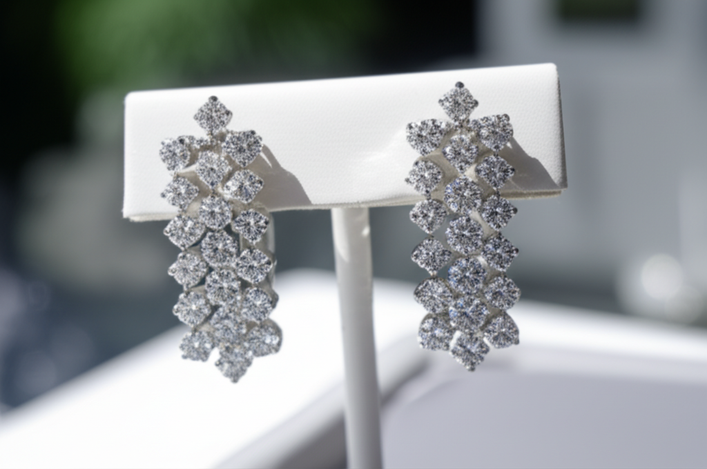 Ảnh cận cảnh đôi bông tai kim cương lấp lánh.