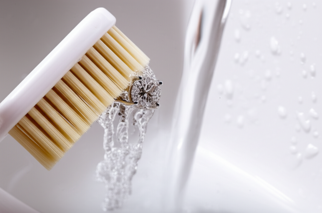 Ảnh cận cảnh bàn chải mềm đang vệ sinh bông tai kim cương dưới vòi nước ấm.