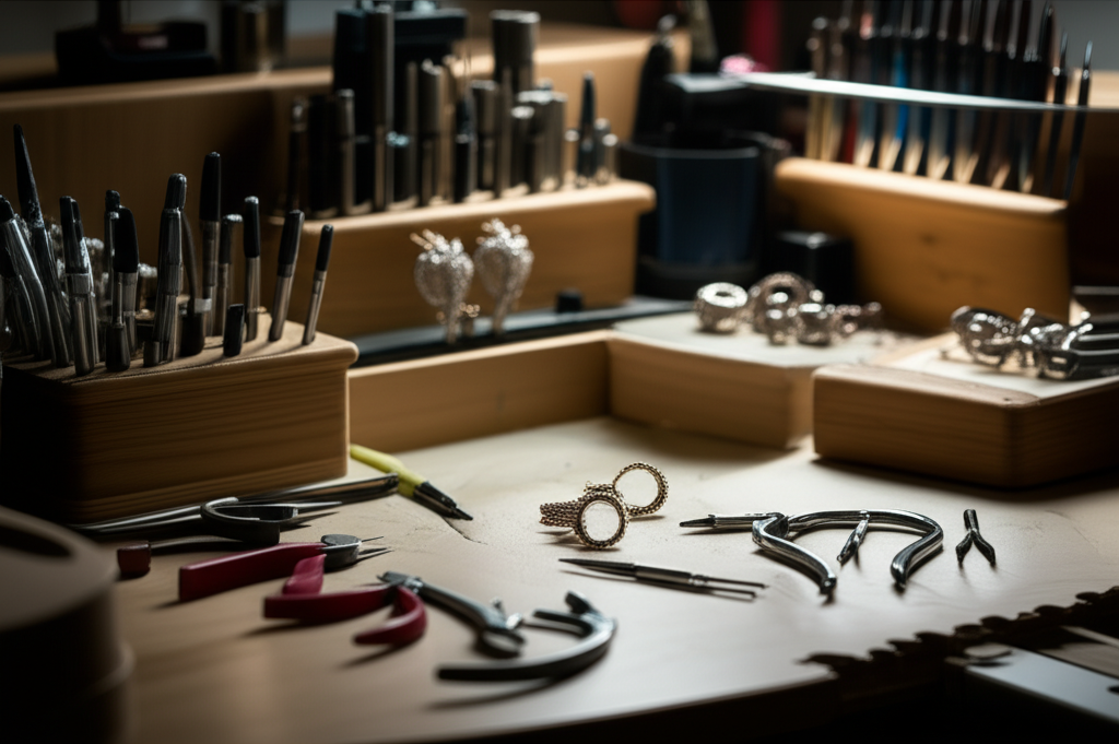 Bàn làm việc của thợ kim hoàn trong xưởng, tập trung vào đôi bông tai kim cương đang được chế tác.
