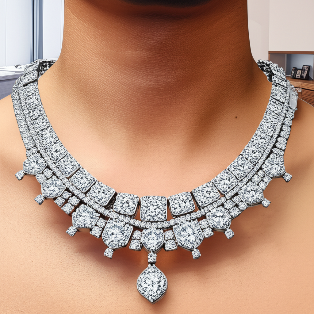 Ảnh cận cảnh dây chuyền kim cương nam tinh tế trong văn phòng cao cấp.