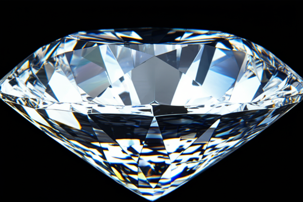 Ảnh chụp cận cảnh một viên kim cương đang được chiếu sáng, thể hiện rõ các giác cắt hoàn hảo và độ trong suốt.