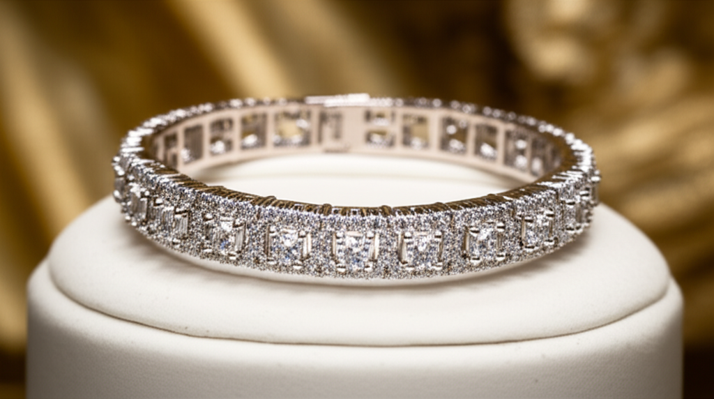 Tư vấn chọn vòng tay kim cương theo cổ tay 3 Ảnh cận cảnh vòng tay kim cương thiết kế tinh xảo trên giá trưng bày nhung.