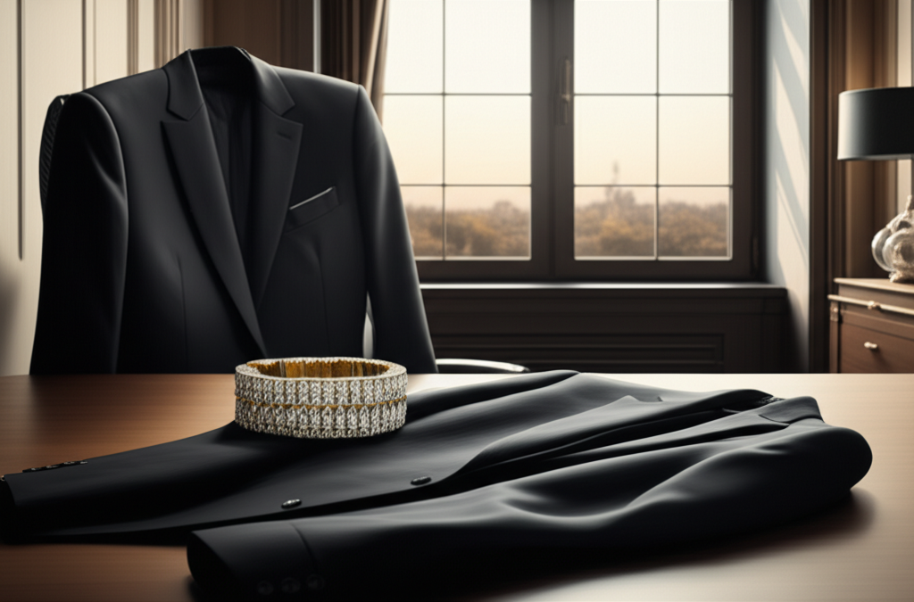 Ảnh chụp văn phòng làm việc sang trọng, với áo vest đen và vòng tay kim cương trên bàn làm việc.