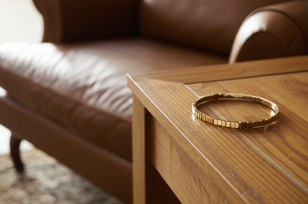 Không gian phòng khách ấm áp với ghế da nâu và vòng tay kim cương vàng nâu trên bàn gỗ, không có người.