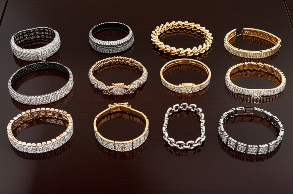 Hình ảnh cận cảnh bộ sưu tập vòng tay kim cương nam với nhiều kiểu dáng khác nhau trên bàn gỗ.