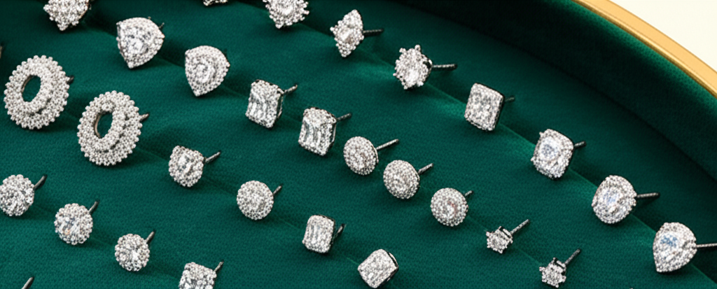Ảnh chụp cận cảnh bộ sưu tập bông tai kim cương với nhiều kiểu dáng khác nhau, từ đơn giản đến cầu kỳ.