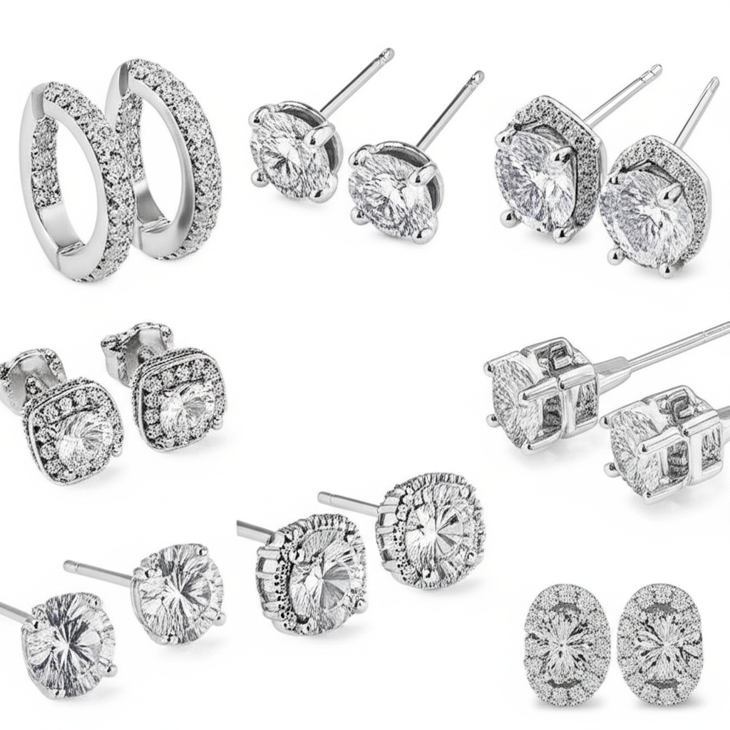 Ảnh collage cận cảnh các kiểu bông tai kim cương: nụ, hình học, halo, và vintage.