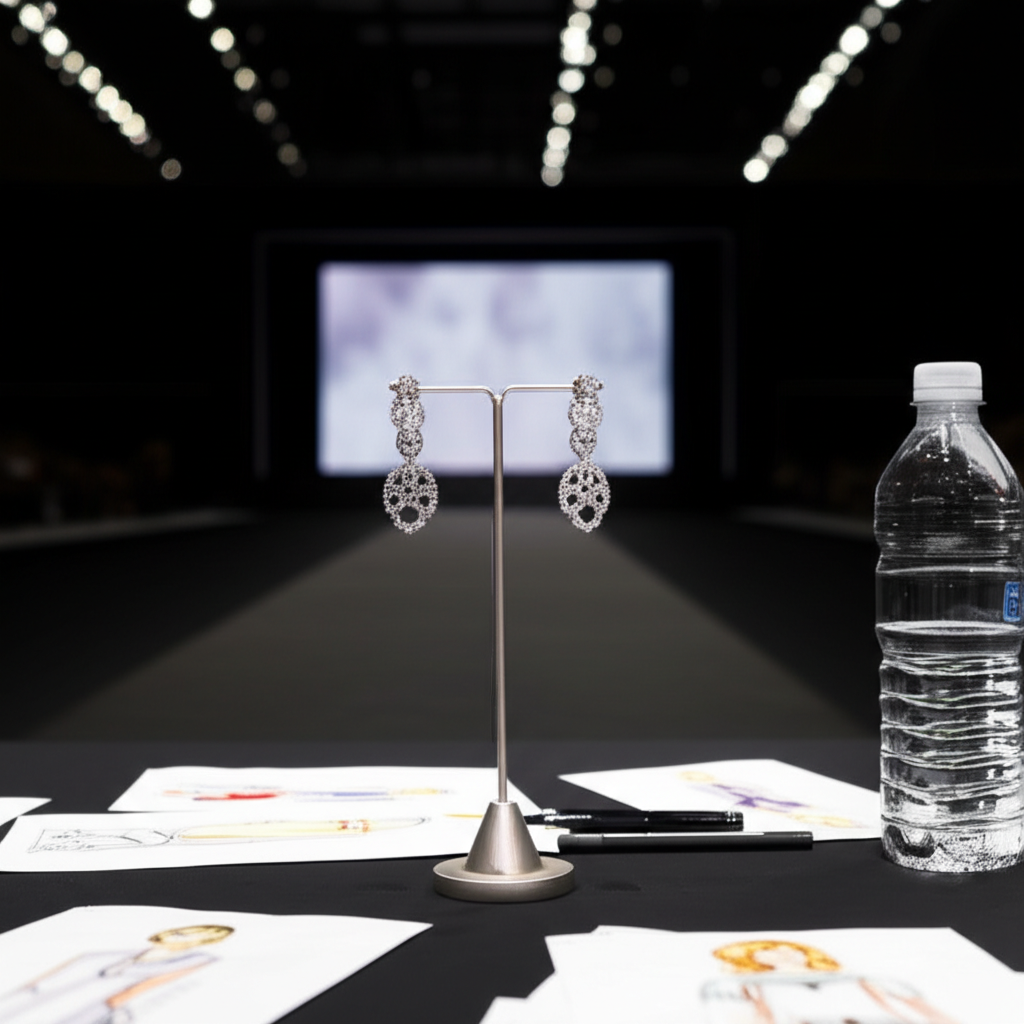 Ảnh chụp cận cảnh sân khấu thời trang trống, tập trung vào đôi bông tai kim cương trên giá trưng bày, gợi không khí show diễn sang trọng.