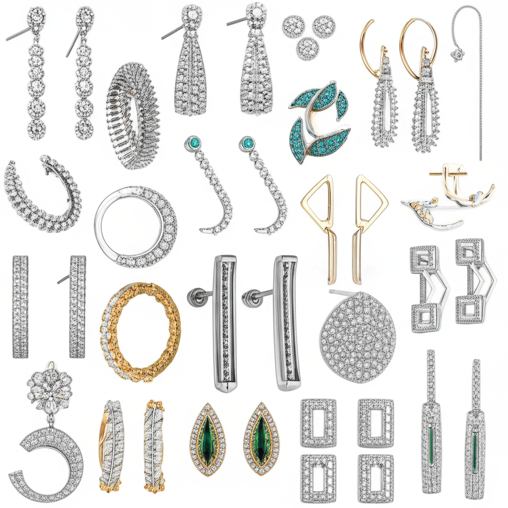 Bông tai kim cương và sự sang trọng trong sự kiện với bông tai kim cương sang trọng 6 Hình ảnh cận cảnh bộ sưu tập bông tai kim cương với nhiều kiểu dáng khác nhau, thiết kế hiện đại và tinh tế.