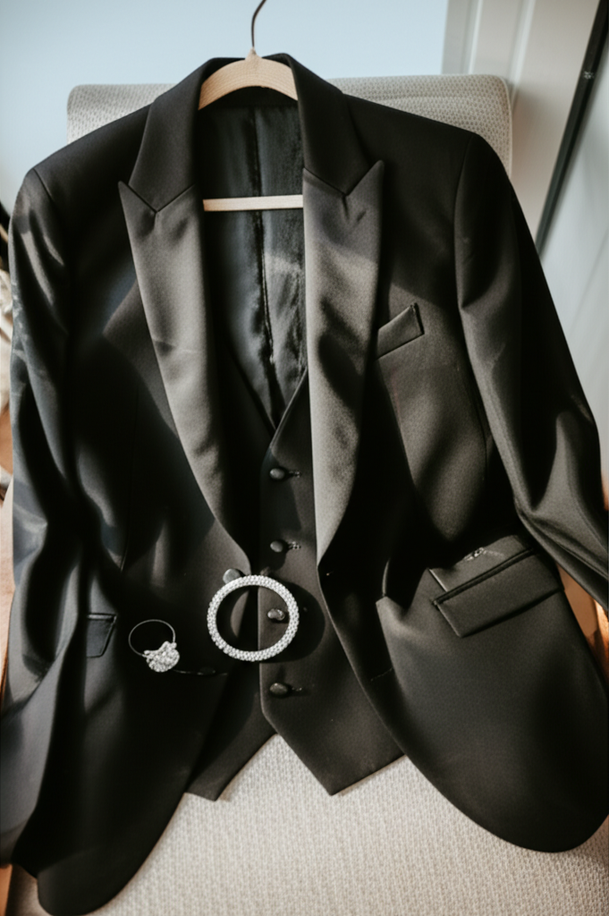 Phân biệt kim cương thiên nhiên và nhân tạo nam giới với kim cương thật giả nam 7 Ảnh chụp bộ vest đen và nhẫn, vòng tay kim cương đặt trên ghế.