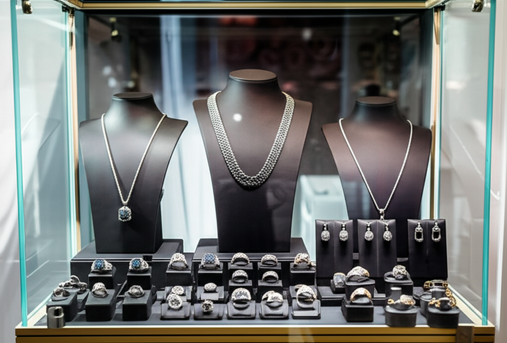 Lý do giới nghệ sĩ yêu thích kim cương nam với nghệ sĩ và kim cương 4 Bộ sưu tập trang sức kim cương nam bao gồm nhẫn, dây chuyền, khuyên tai và vòng tay được trưng bày trên bục kính sang trọng.