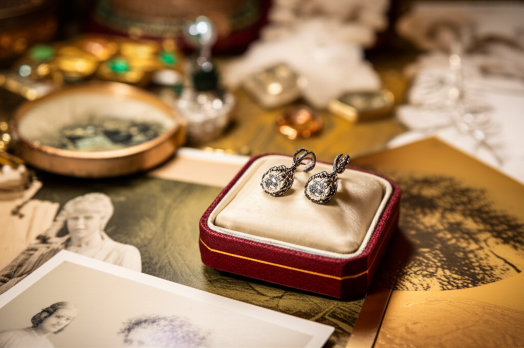 Bông tai kim cương và sự sang trọng trong sự kiện với bông tai kim cương sang trọng 5 Ảnh cận cảnh đôi bông tai kim cương cổ điển nằm trên đệm nhung, xung quanh là kỷ vật gia đình.