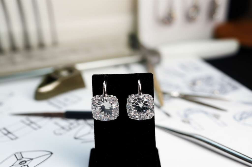 So sánh bông tai kim cương và đá moissanite với bông tai moissanite 5 Ảnh cận cảnh đôi bông tai moissanite trên giá trưng bày, ánh sáng dịu nhẹ làm nổi bật vẻ đẹp của đá.