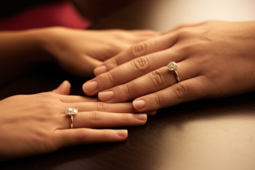 Ảnh cận cảnh hai bàn tay, một lớn hơn, đều đeo nhẫn kim cương, ánh sáng ấm áp.
