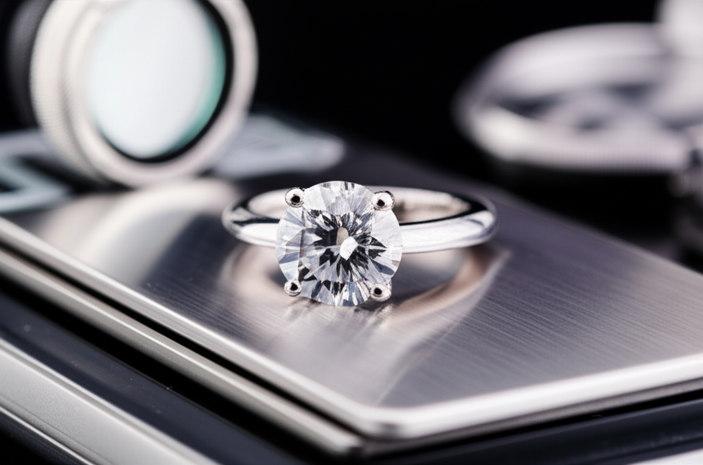 Giá nhẫn kim cương nam hiện nay với giá nhẫn kim cương nam 3 Ảnh chụp cận cảnh chiếc nhẫn kim cương nam đặt trên bàn cân, có kính lúp và dụng cụ đo lường trang sức.